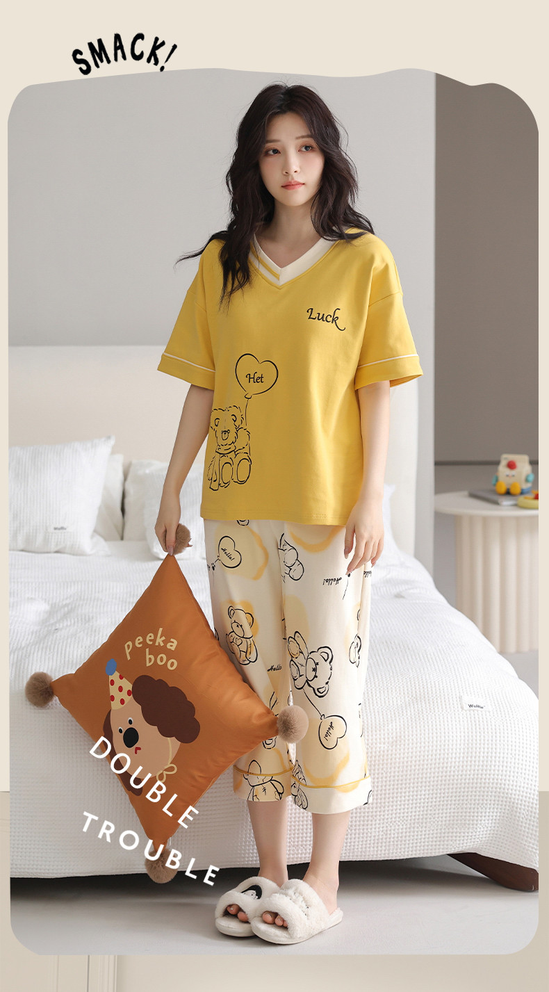 Padded Pyjamas Women Cotton Pajamas Set Short Sleeve 3/4 Length Summer ...