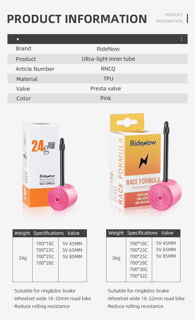 RideNow Bike Inner Tube Presta Valve 700C/16‘’/18'' Bicycle Tyre Ultra