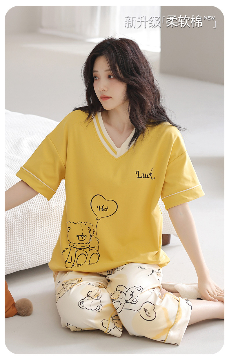 Padded Pyjamas Women Cotton Pajamas Set Short Sleeve 3/4 Length Summer ...
