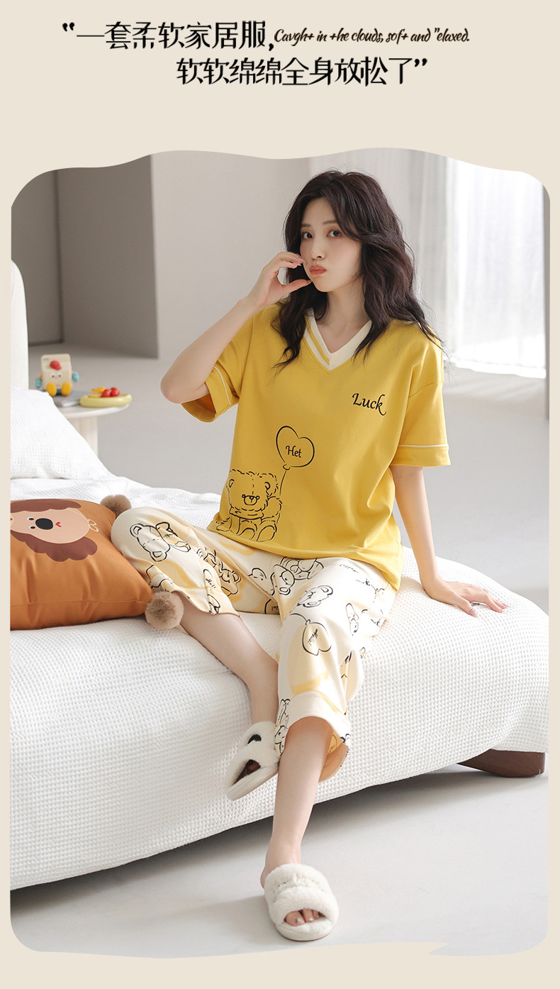 Padded Pyjamas Women Cotton Pajamas Set Short Sleeve 3/4 Length Summer ...