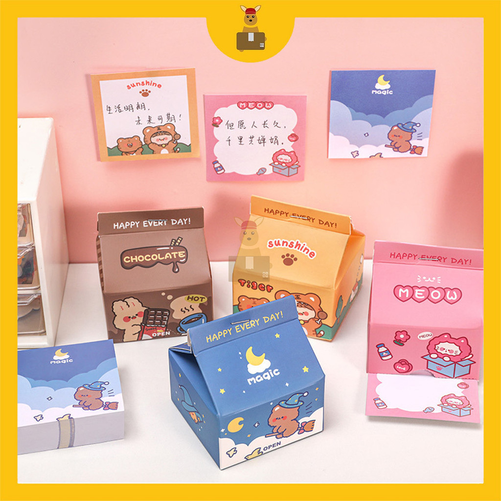200 Sheets Milk Box Non-Sticky Note Cartoon Memo Pad Cute Rabbit Bear ...