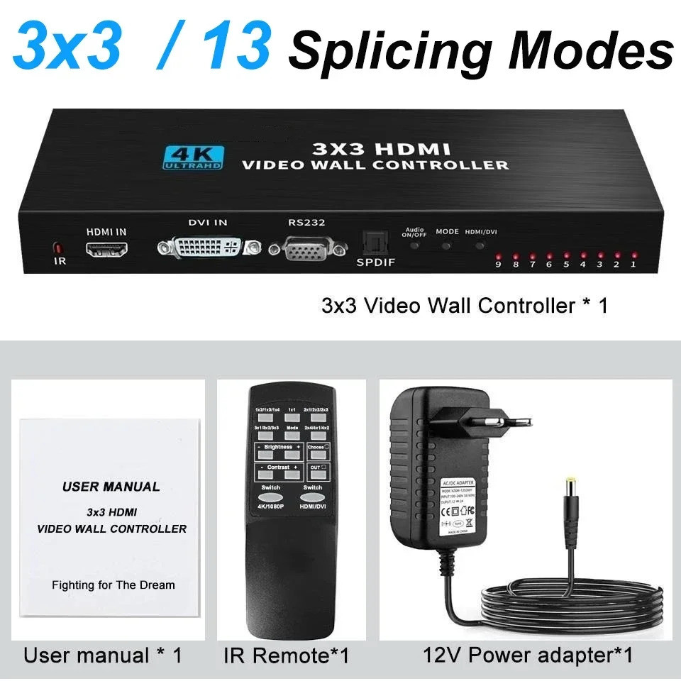 4K Video Wall Controller 3 x 3 HDMI TV Wall Processor 9 schermen in een Wall