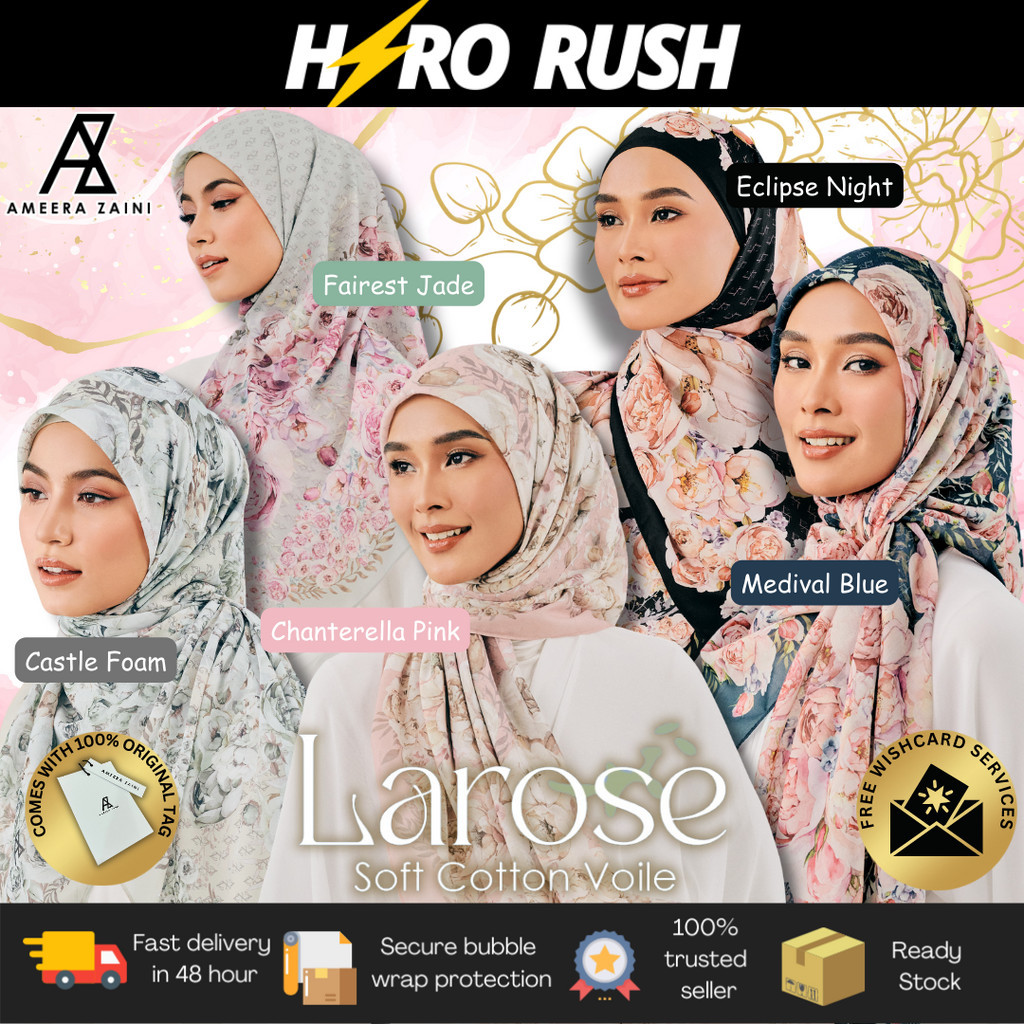 AZ LAROSE AZ Raya Collection by Ameera Zaini Premium Soft Cotton Voile Printed Bawal Bidang 47 Free Pouch Bag