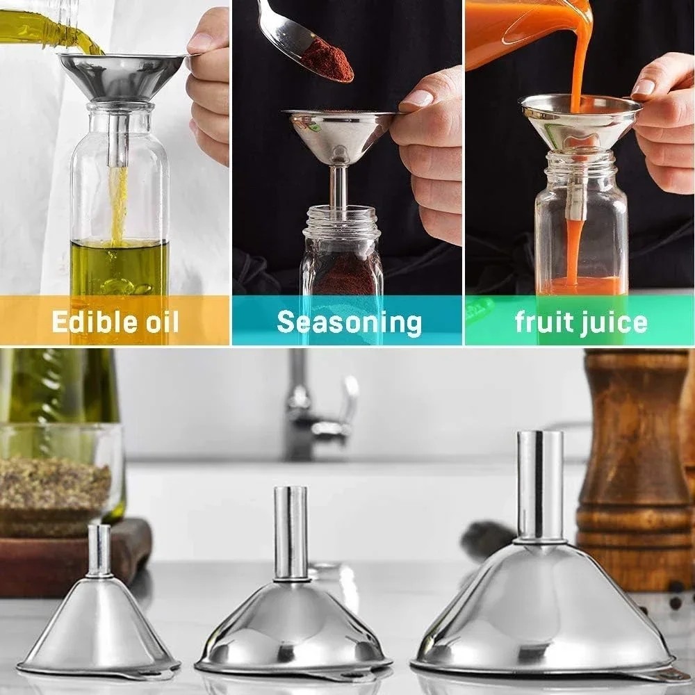3Pcs/set Stainless Steel Funnel Portable Cone Funnel Pour Oil Wine ...