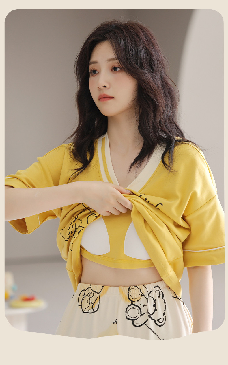 Padded Pyjamas Women Cotton Pajamas Set Short Sleeve 3/4 Length Summer ...