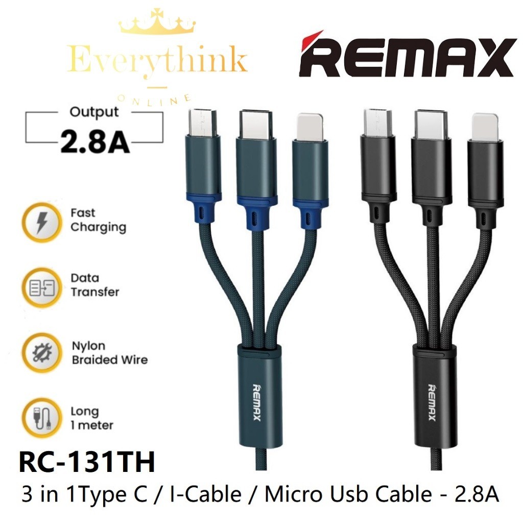 REMAX RC-131TH 3 IN 1 USB CABLE WITH I-CABLE / TYPE C / MICRO USB 2.8A ...