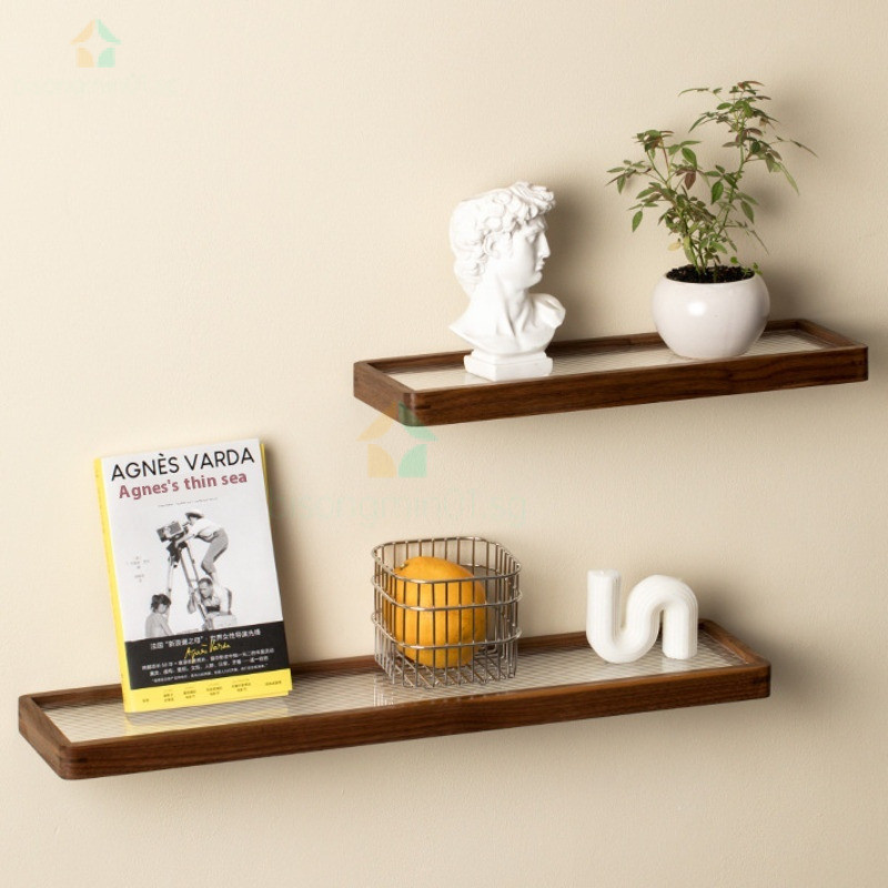 Storage Shelf Rack Walnut Solid Black Wood Flat Panel Hanging On The ...