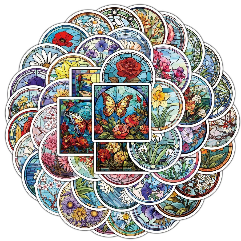 50Pcs Glass Window Flower Series Graffiti Stickers for Suitcases Mobile
