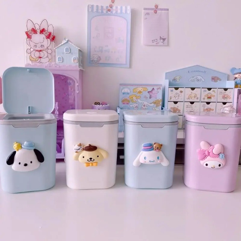 Kawaii Pochacco Cinnamoroll Mini Waste Bins with Cover Desktop Garbage