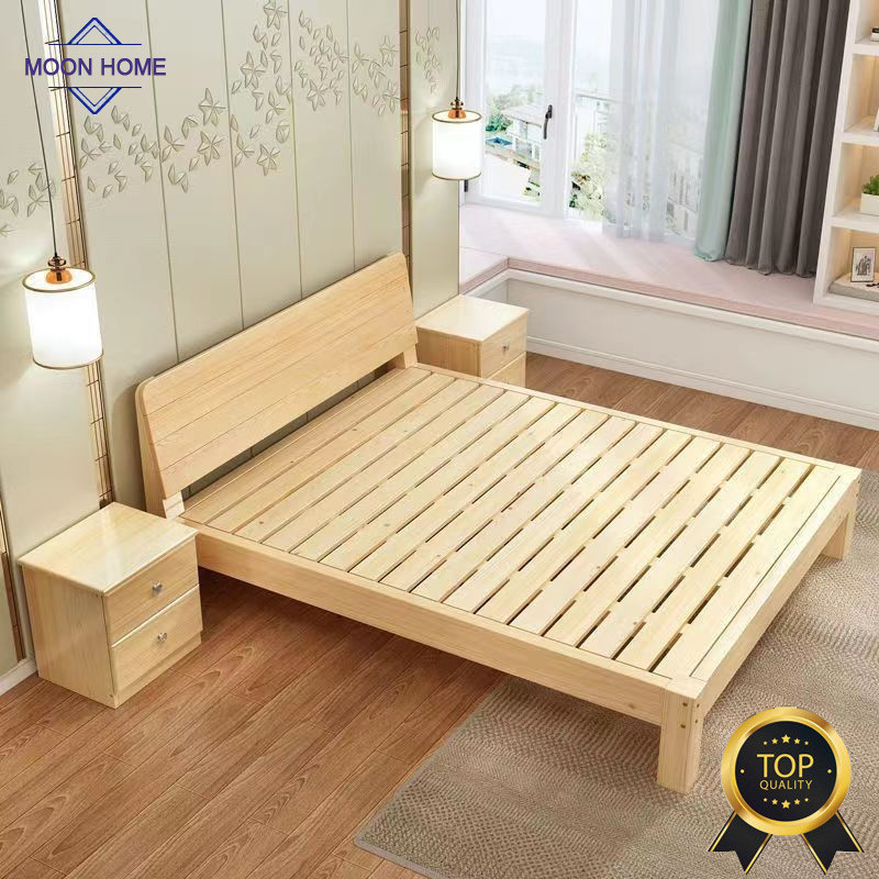 Moon Home Bed Frame Simple Solid Wood 1.5m Pine Double Bed Economy 1.8m ...