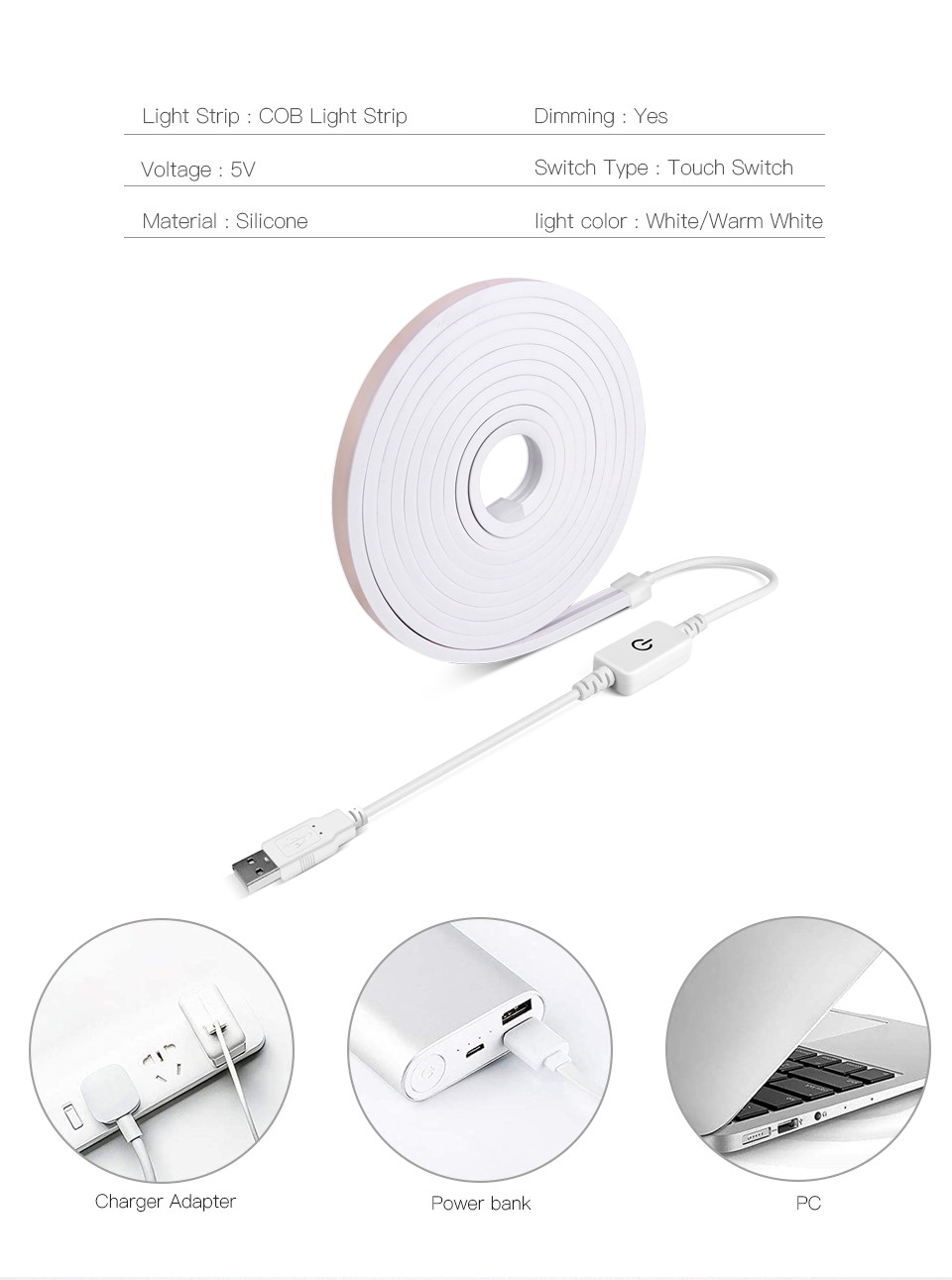 1m/2m/3m/4m/5m USB Touch Sensor Switch COB LED Strip Neon Light 320 ...