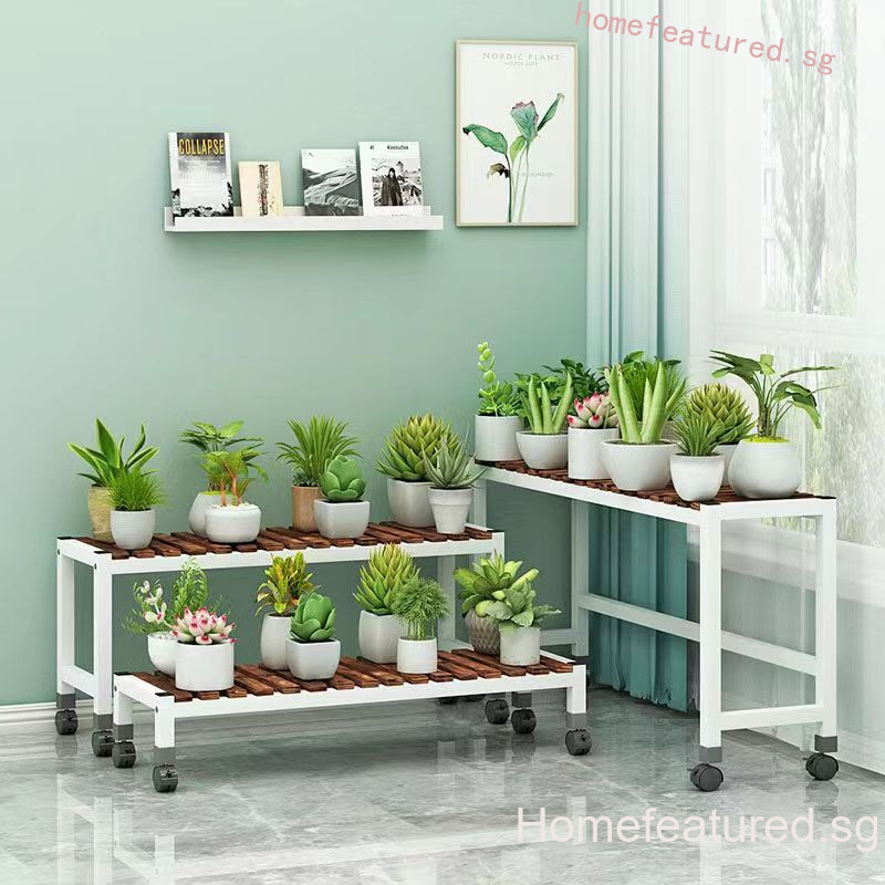 Stainless Steel Flower Rack Solid Wood Single-Layer Metal Plant Display ...