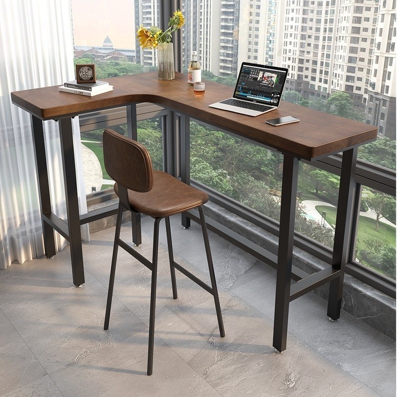 Bar Table Corner Solid Wood Desk Simple Living Room Partition Bar Table Balcony Modern L Shaped Wall Integrated High Legged egged