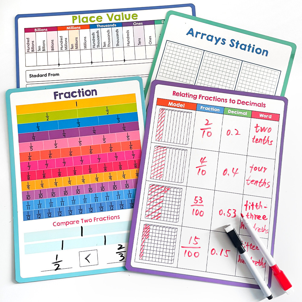 4Pcs Dry Erase Fraction Decimal Arrays Station Place Value Math Poster ...