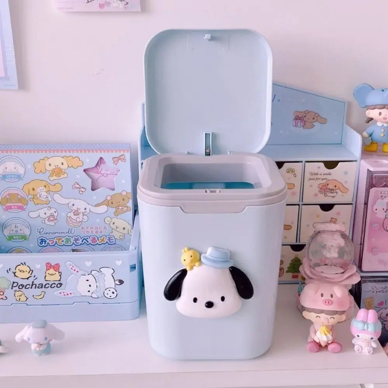 Kawaii Pochacco Cinnamoroll Mini Waste Bins with Cover Desktop Garbage