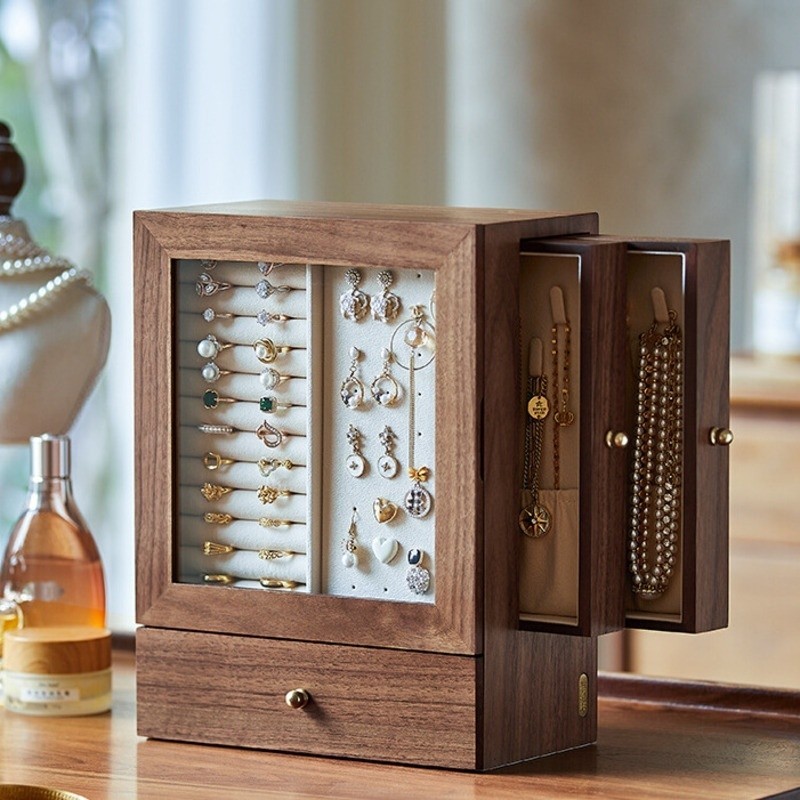 Display Cabinet Walnut Dressing Table Solid Black Wood Jewelry Box ...