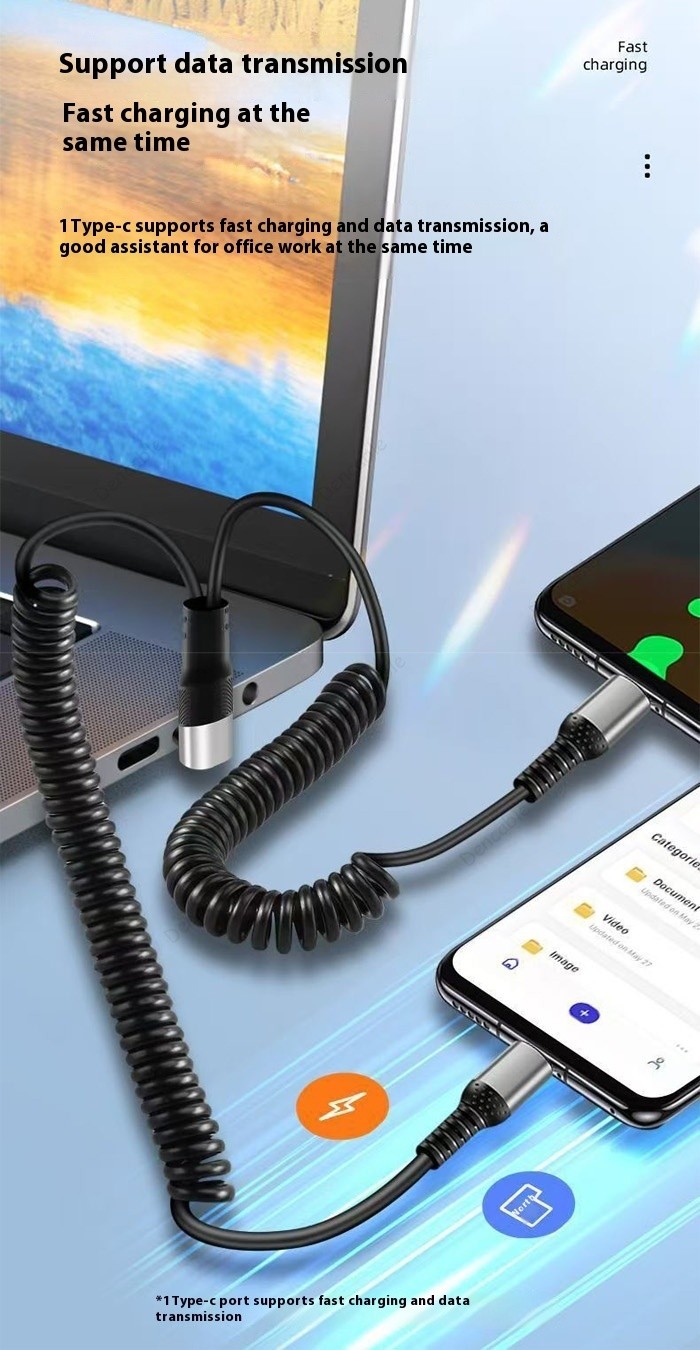 Dual Type-C port dual spring retractable data cable 66W fast charging ...