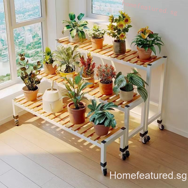 Stainless Steel Flower Rack Solid Wood Single-Layer Metal Plant Display ...