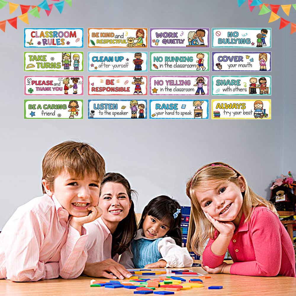 16Pcs Classroom Rules English Bulletin Posters Kids English Learning ...