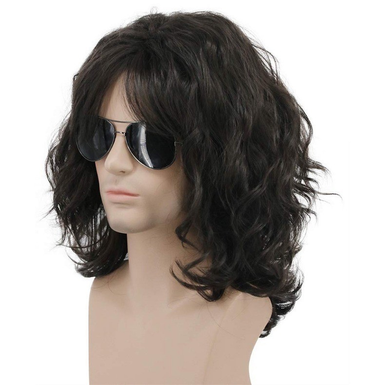 European and American cosplay men's wig black fluffy hair long curly ...