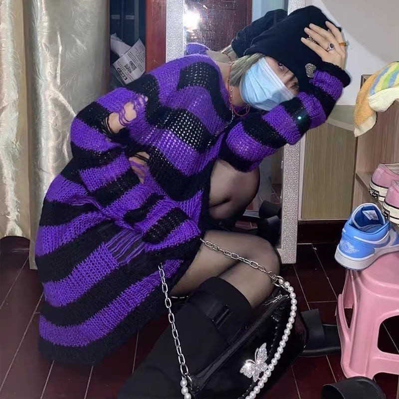 Karrcat Punk Gothic Long Sweater Women Dark Aesthetic Striped Pullovers ...