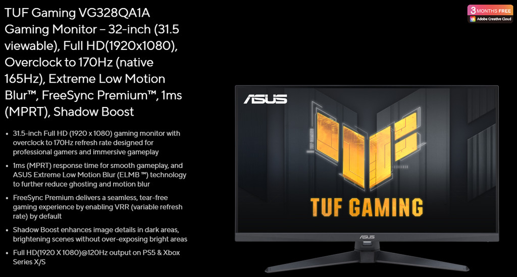 ASUS TUF Gaming VG328QA1A Gaming Monitor - 32