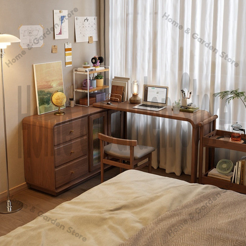 Bedroom Office Table Solid Wood Rotating Desk With Cabinet Study Table ...