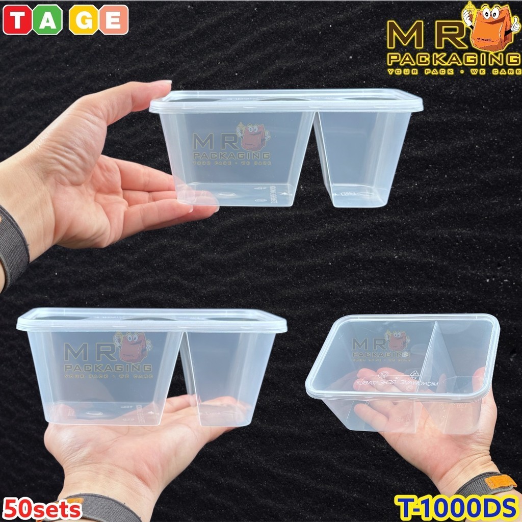 1000 DS Two 2 Compartment Rectangular Plastic Disposable Food Container ...