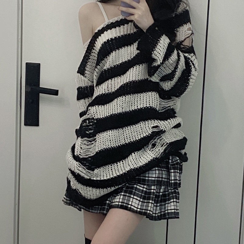 Karrcat Punk Gothic Long Sweater Women Dark Aesthetic Striped Pullovers ...