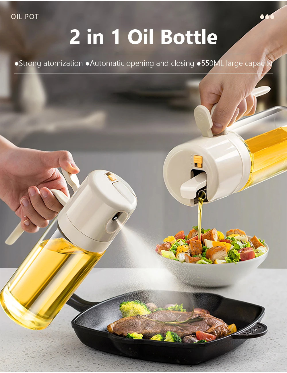 2in1 Oil Sprayer Bottle Oil Pourer Kitchen Glass Leakproof Oil Can Oil ...