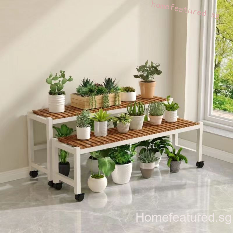 Stainless Steel Flower Rack Solid Wood Single-Layer Metal Plant Display ...