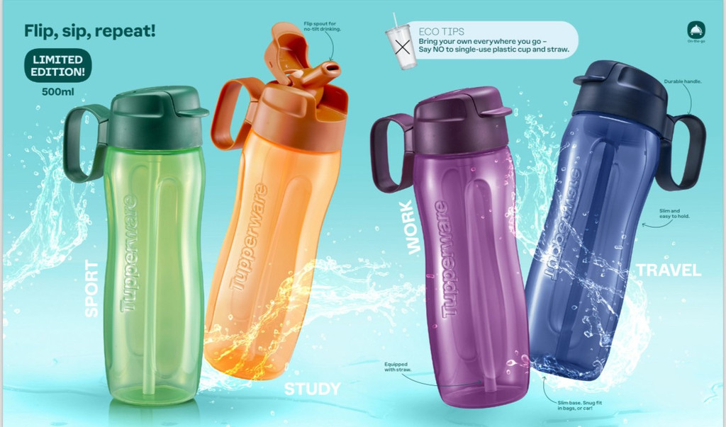 Authentic Tupperware 500ml Slim Eco Water Bottle Flip Top Cap with ...