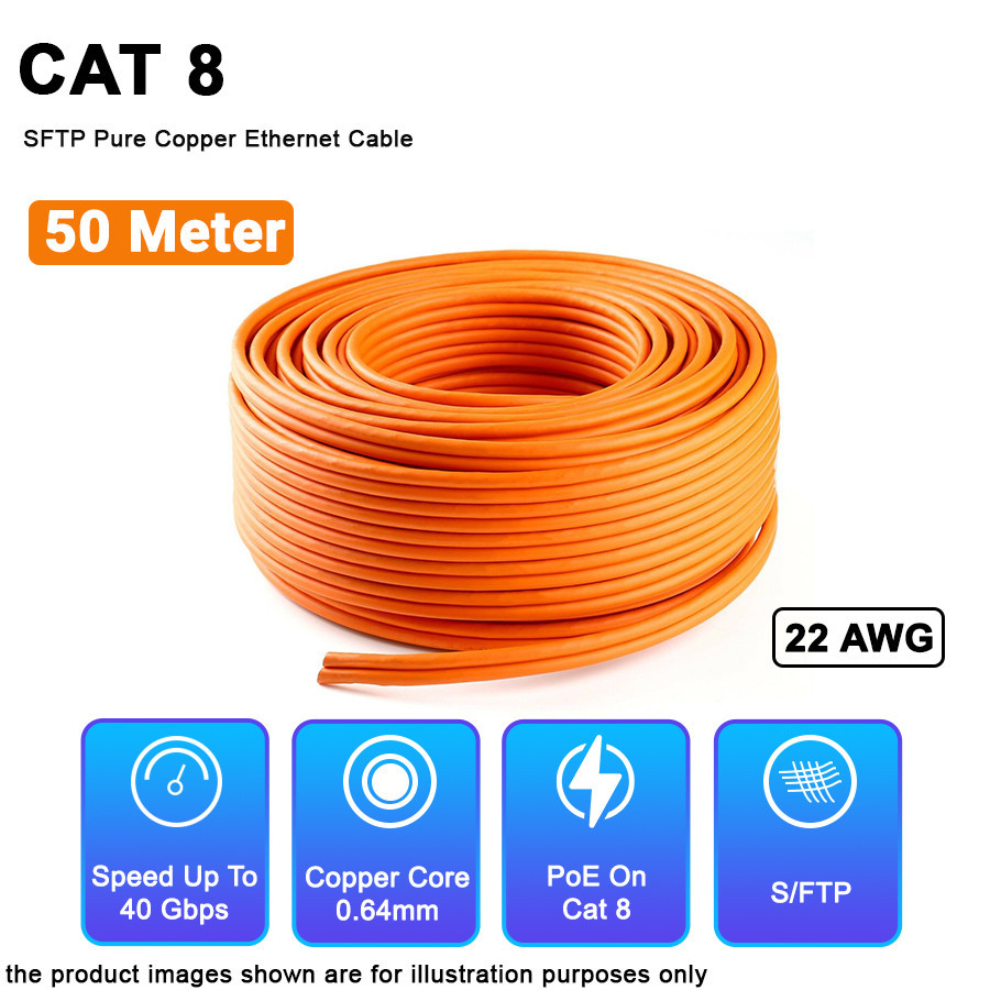 Cat8 50M Cable Lan Wire SFTP Pure Copper 22AWG 2000MHz 40Gbps