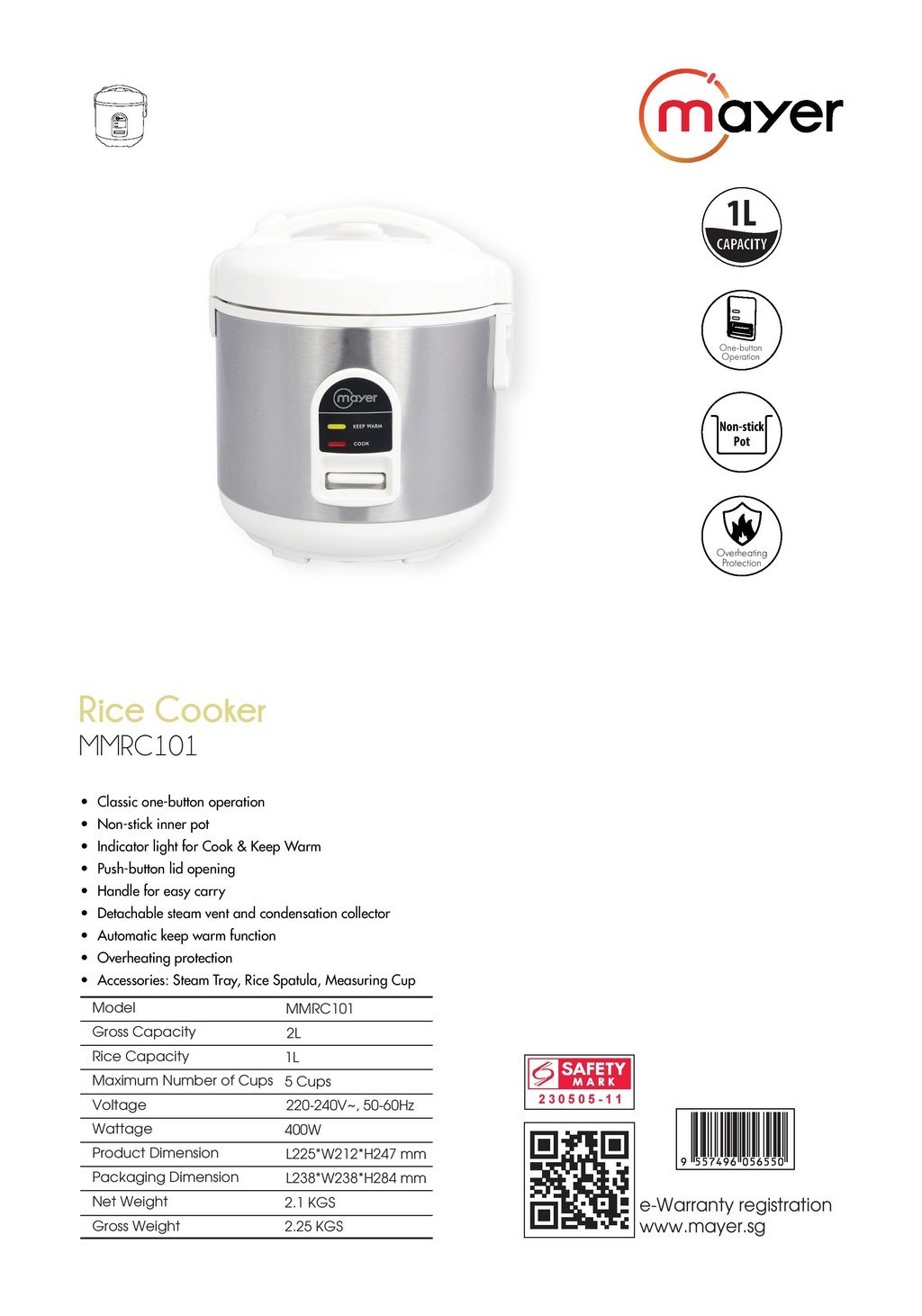 Mayer MMRC101 Rice Cooker 1L | Shopee Singapore