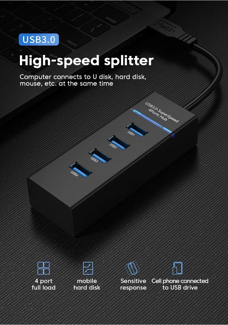 BENOSEM USB Hub 3.0 Multi USB Splitter 4 USB3.0 Port 3.0 USB 2.0 for PC ...