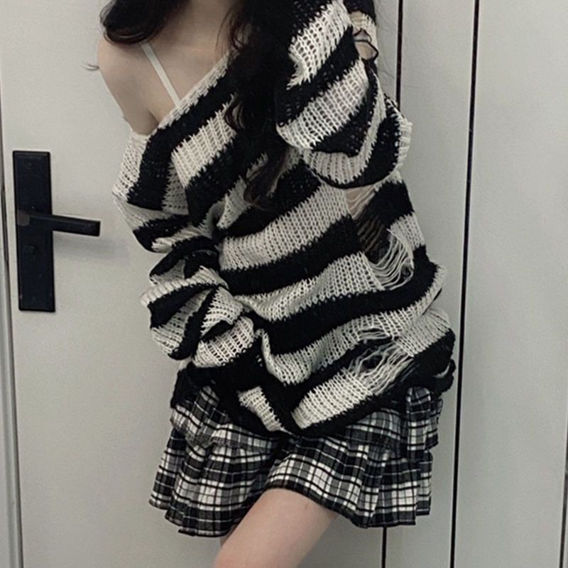Karrcat Punk Gothic Long Sweater Women Dark Aesthetic Striped Pullovers ...