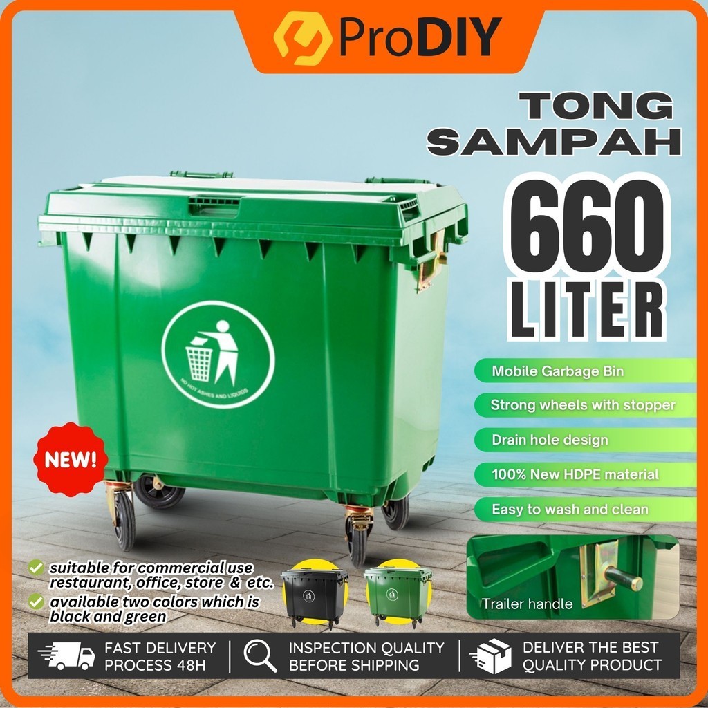 Commercial 660L Tong Sampah Besar Hijau Hitam Bertutup Beroda Waste Bin ...