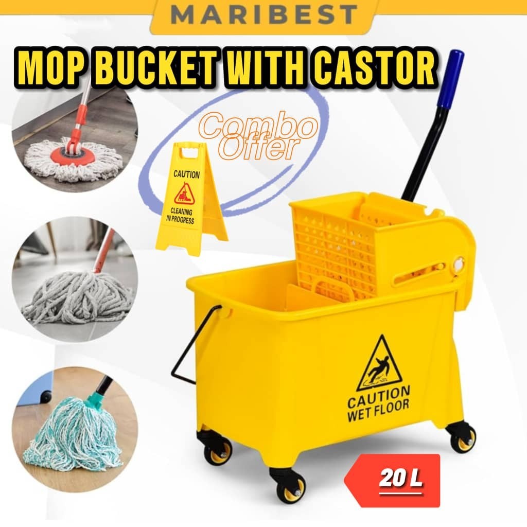 8068 Mop Cart Bucket c/w Wheel Castor 20L Cleaner Pail Janitor Double ...