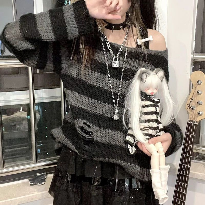 Karrcat Punk Gothic Long Sweater Women Dark Aesthetic Striped Pullovers ...