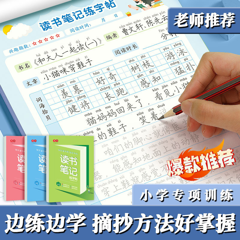 读书笔记 练字帖 小学通用专项训练 练字本 写作积累 边练边学摘抄方法好掌握 練習 練字本 Chinese Writing Book ...