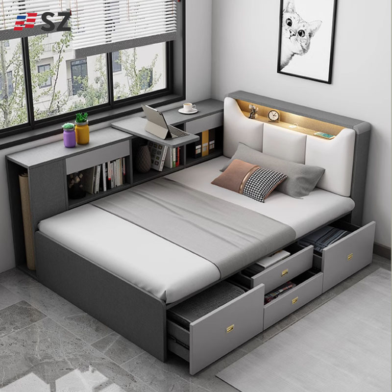 Bed Modern Small Apartment High Box Storage Bed Storage With Drawers ...