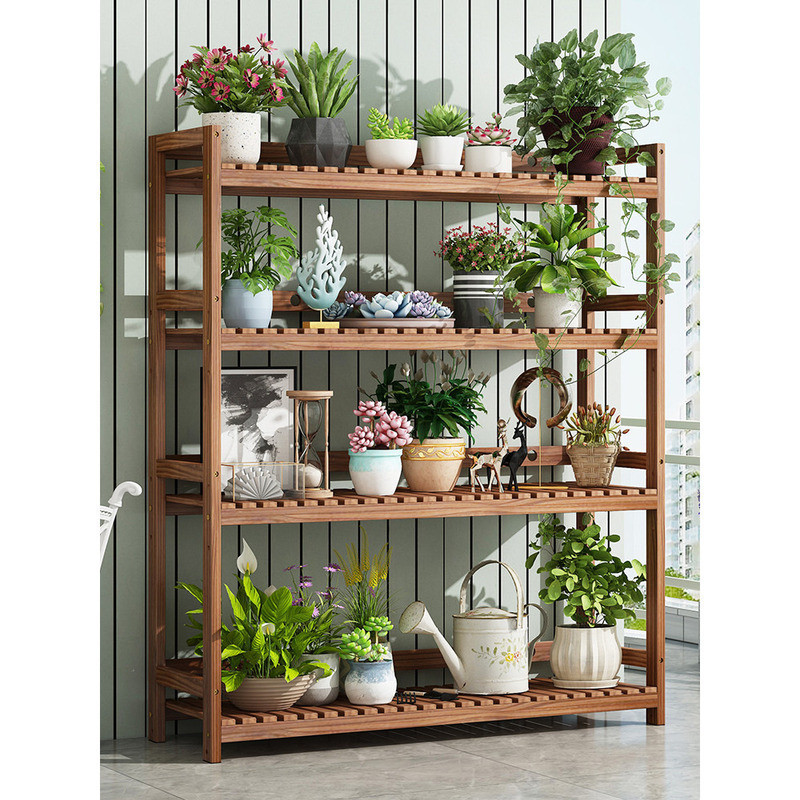 Solid Wood Flower Stand Balcony Storage Rack Living Room Organizer ...
