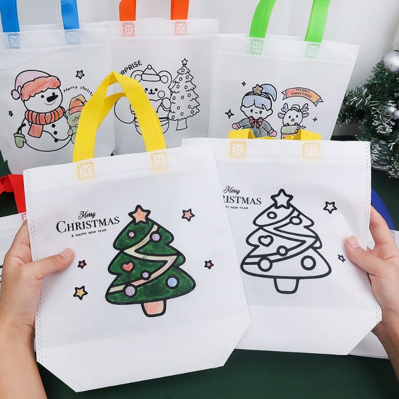 10Pcs Cartoon Christmas Graffiti Tote Bags Cute Reindeer Snowman Girl