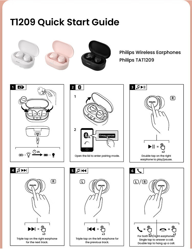 Philips Wireless Earbuds T1209 Long lasting battery life Shopee