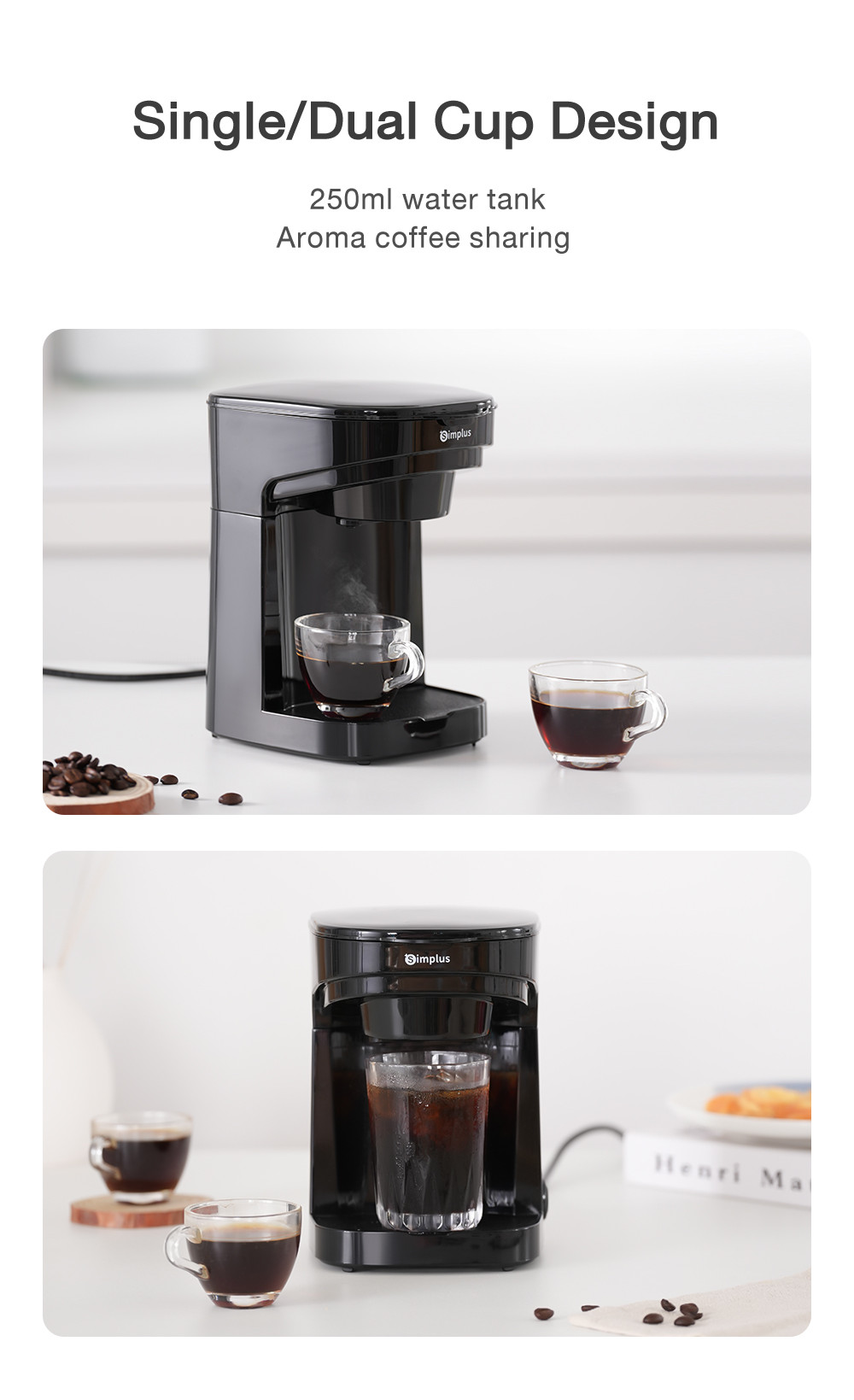 Simplus Coffee Maker | Single/Dual Cup Design | 3mins Efficient Brewing ...