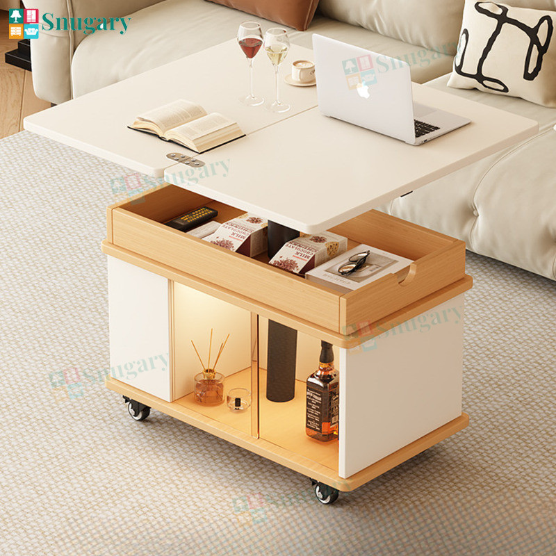 Cream Style Solid Wood Coffee Table Movable Adjustable Tea Table Living ...