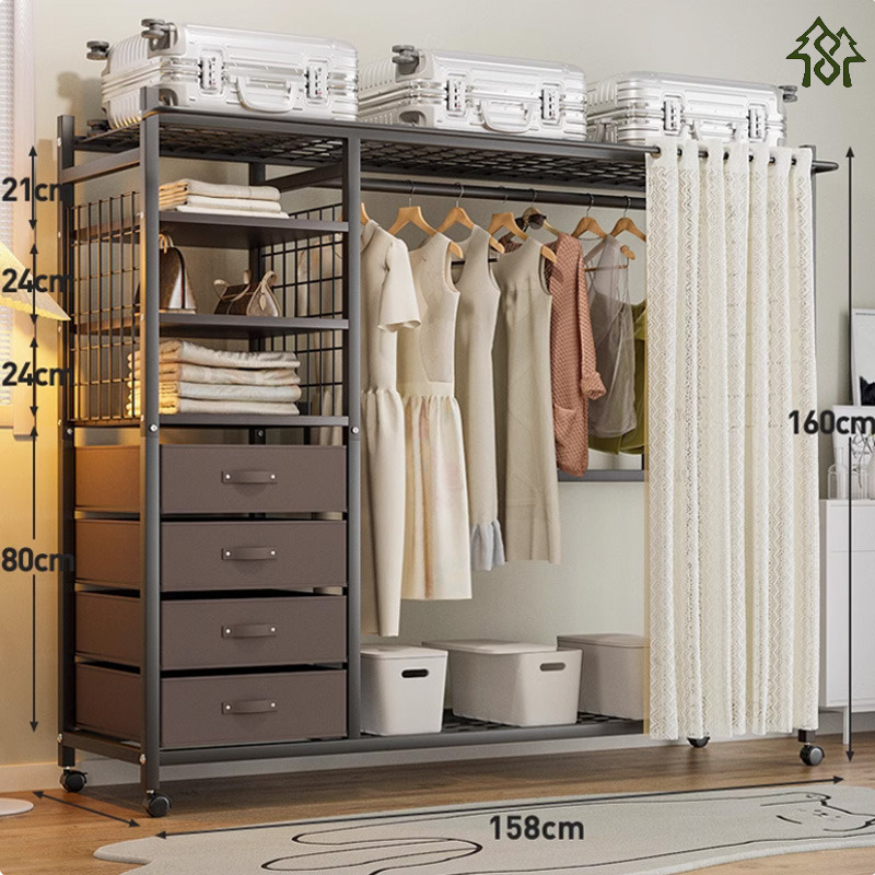 GT Wardrobe Clothes Rack Thicken Open Clothes Rack Bedroom Movable ...