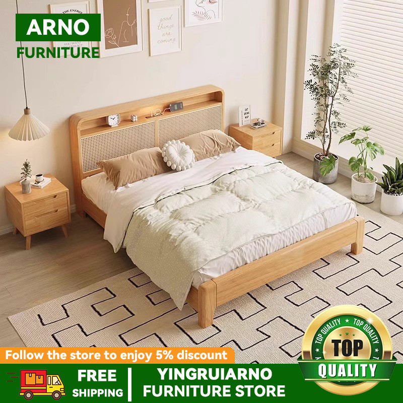 Nordic Solid Wood Rattan Bed Japanese Natural Wood Style 1.8m Double ...