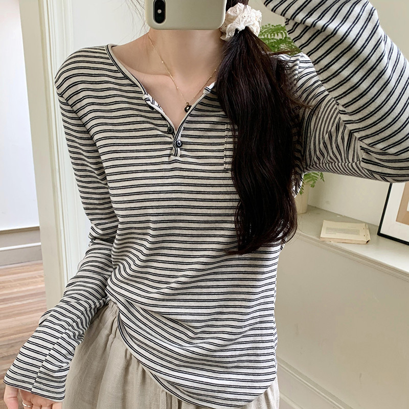 76876 Classic Striped Button Casual Long Sleeve T-Shirt Women | Shopee ...
