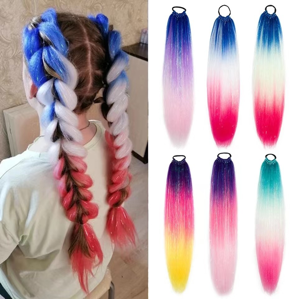 65CM Long Braided Ponytail Wig | 9-Strand Colorful Laser Hair ...